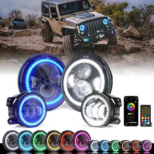 Xprite 7" Inch RGB Halo LED Headlights & 4" Fog Lights Led Combo Headlamp Assembly Dual Controlled RGB Light Kits Compatible with 2007-2018 Jeep Wrangler JK JKU, DOT Approved