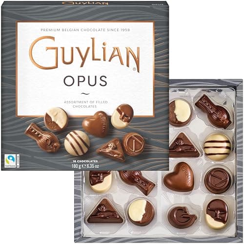 Belgian Chocolate Gift Box by GuyLian, 16 pc Opus Luxury Assortment, Premium Gourmet Chocolate, Milk, White, Dark, Candy Treat for Women and Men, 180g