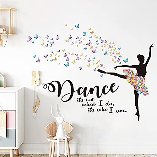 Runtoo Ballet Dancing Girl Wall Art Decals Butterfly Flower Inspirational Quotes Wall Stickers Girls Bedroom Ballerina Wall Decor