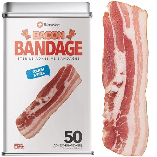 BioSwiss Bandages, Bacon Shaped Self Adhesive Bandages, Latex Free Sterile Wound Care, Fun First Aid Kit Supplies for Kids, 50 Count