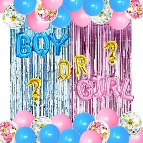 Gender Reveal Party Supplies Kit, Pink and Blue Balloons , Boy or Girl Foil Balloons, Tinsel Curtain, Gender Reveal Party Baby Photo Backdrop for Baby Shower Decorations