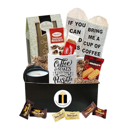 Coffee Gift Basket - Bistro Coffee Mug, Socks, Gourmet Coffee Snacks - Coffee Gifts for Men Women (Coffee & Snacks Deluxe Set)