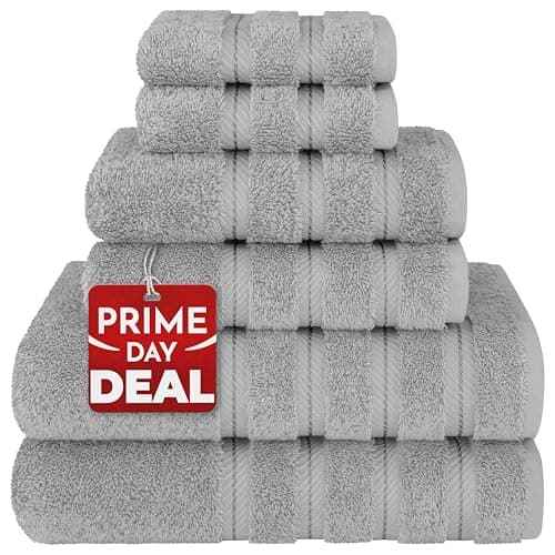 American Soft Linen Luxury 6 Piece Towel Set, 2 Bath Towels 2 Hand Towel 2 Washcloths, 600 GSM 100% Cotton Turkish Towels for Bathroom, Light Grey Towel Sets