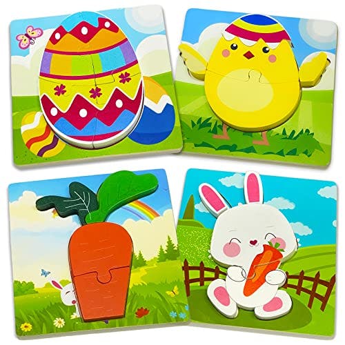 4 Pack Easter Wooden Puzzles for Kids, Easter Toys Easter Basket Stuffers for Toddler, Easter Gifts Babies Party Favors Wood Puzzles Brain Toys for 1-3 Aged
