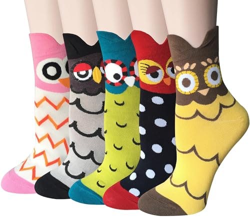 Chalier Womens Funny socks Cozy Cute Printed Patterned Fun Socks Novelty Cat Socks for Women Gifts, Cute Owl Multicolor(5 Pairs)
