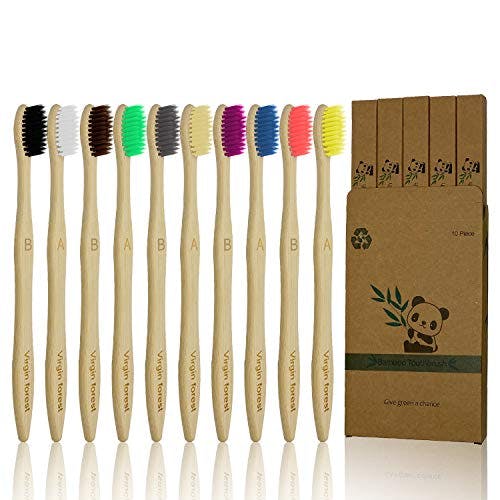 Virgin Forest 10 Pcs Soft Bristles Bamboo Toothbrush, Biodegradable Natural Bamboo Charcoal Toothbrushes, Eco Friendly Color Bristle Wood Tooth Brushes