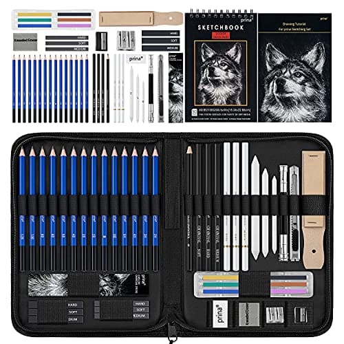 Prina 50 Pack Drawing Set Sketch Kit, Sketching Supplies with 3-Color Sketchbook, Graphite, and Charcoal Pencils, Pro Art Drawing Kit for Artists Adults Teens Beginner Kid, Ideal for Shading, Blending