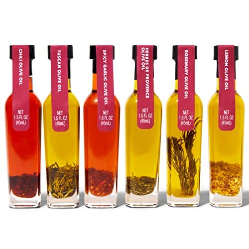 Thoughtfully Gourmet, Spice Infused Olive Oil Gift Set, Premium Extra-Virgin Olive Oil from Spain, Flavors Include Chili, Rosemary, Lemon, Spicy Garlic, Herbes de Provence and Tuscan, Set of 6