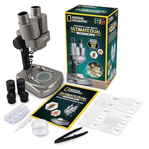 NATIONAL GEOGRAPHIC Dual LED Kids Microscope - 50+ pc Science Kit with 10 Prepared Slides & 10 DIY Blank Slides, Biology Experiment Activity, Microscope Kit for Kids 8-12 (Amazon Exclusive)