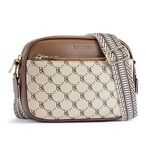 BOSTANTEN Quilted Crossbody Bags for Women Vegan Leather Purses Small Shoulder Handbags with Wide Strap Coffee with Beige