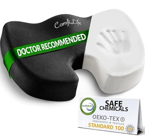 ComfiLife Premium Comfort Seat Cushion - Non-Slip Orthopedic 100% Memory Foam Coccyx Cushion for Tailbone Pain - Cushion for Office Chair Car Seat - Back Pain & Sciatica Relief (Black)