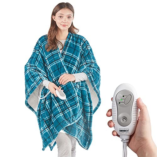 Degrees of Comfort Sherpa Heated Blanket Wrap, Cozy & Snuggy Electric Shawl for Women, Washable, Auto Shut-off, Reversible 50 x 64 Inch, Blue Plaid
