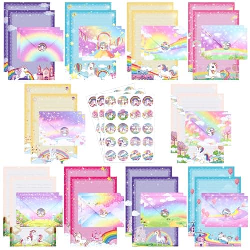 TaoBary 160 Pcs Stationery Paper Set 50 Double Sided Stationery Papers with 50 Matching Envelopes and 60 Round Dot Sticker, 10 Design(Unicorn,5.5 x 8.25 Inch)