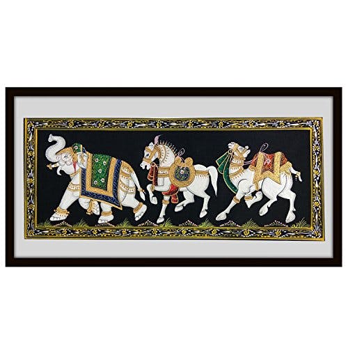 Elephant, Horse & Camel Trio Indian Miniature Painting 100% Authentic Mughal Art Wall Décor Painting Made by Rajasthani Artisan Using Pure Silk & Natural Colors Best for Personal & Corporate Gifting