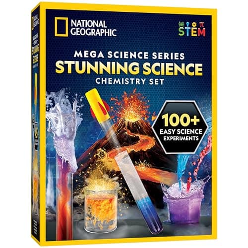 NATIONAL GEOGRAPHIC Stunning Chemistry Set - Mega Science Kit with 100+ Easy Experiments- Make a Volcano and Launch a Rocket, STEM Projects for Kids Ages 8-12, Science Toys (Amazon Exclusive)