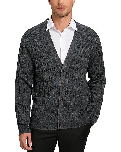 Kallspin Men's Cardigan Sweater Wool Blend Cable Knit V Neck Buttons Cardigan with Pockets(Charcoal, X-Large)