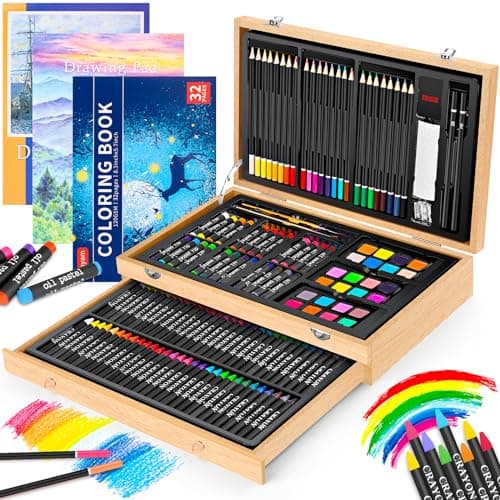 Art Supplies, iBayam 150-Pack Deluxe Wooden Art Set Crafts Drawing Painting Kit with 1 Coloring Book, 2 Sketch Pads, Creative Gift Box for Adults Artist Beginners Kids Girls Boys