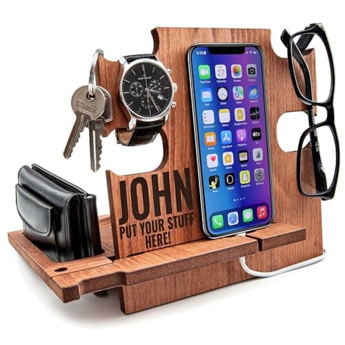 Greta Oto Gifts for Men, Personalized Wood Phone Docking Station for Men,Nightstand Organizer for Him, Phone Stand, Best Personalized Gift idea for Anniversary,Birthday,Graduation