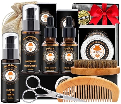 XIKEZAN Beard Kit for Men Grooming & Care w/Beard Conditioner, Wash, Oil, Balm, Brush, Comb,Fathers Birthday Valentines Gifts for Men Him Dad Husband Boyfriend Christmas Stocking Stuffers