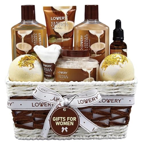 Gifts For Women Gift Basket for Women– 9 Piece Set of Vanilla Coconut Home Spa Set, Includes Fragrant Lotions, Extra Large Bath Bombs, Coconut Oil, Luxurious Bath Towel & More