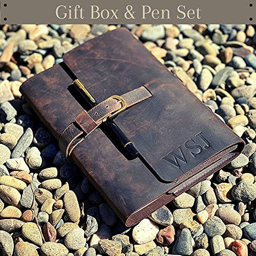 PERSONALIZED LEATHER JOURNAL GIFT SET for Men & Women, Initials on Premium Leather Cover, Metal Pen, Refillable A5 Lined Paper Notebook, Leather Bound Vintage Diary, Travel Journals, Graduation Gifts