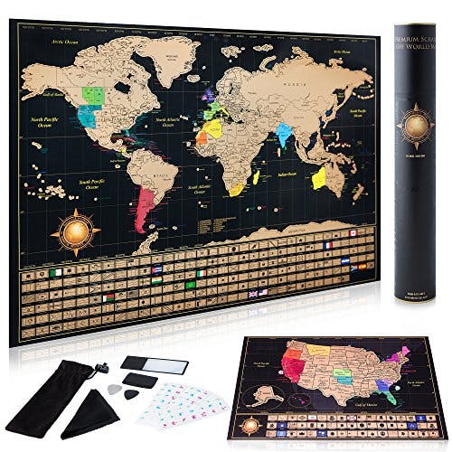 InnovativeMap Scratch Off World Map Poster And Deluxe United States Map – Includes Complete Accessories Set & All Country Flags – Premium Wall Art Gift for Travelers, Map of the World
