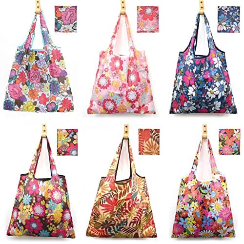 MRYUWB 6 Pcs Set Reusable Grocery Bags, Foldable Shopping Bags, Large Groceries Bags with Pouch Bulk, Ripstop, Easy Carrying，Waterproof, Eco-Friendly, Machine Washable Nylon Tote Bag (Shiny Flowers)