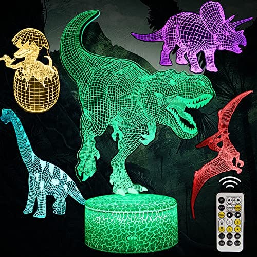 EXOOHOUO Dinosaur Night Lights for Boy - 5 Patterns 3D LED Illusion Lamp 7 Color Changing&Timer&Touch&Dimmer, Dino Toy Gift Christmas Birthday Kids Bedroom