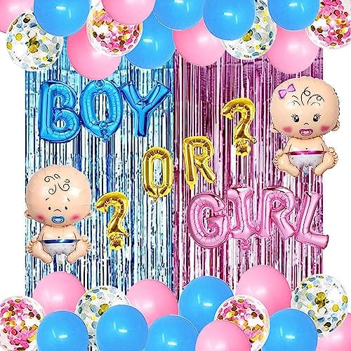 Gender Reveal Party Supplies Kit, Pink and Blue Balloons , Boy or Girl Foil Balloons, Tinsel Curtain, Gender Reveal Party Baby Photo Backdrop for Baby Shower Decorations
