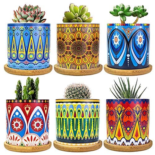 Ascrafter Mandala Succulent Pot with Drainage Hole & Bamboo Coaster, Small Plant Pots, Bohemian Ceramic Succulent Planter Pot for Small Plant-6 Pack