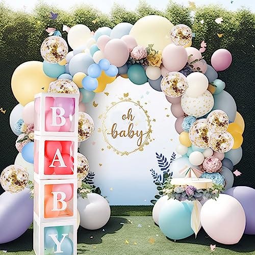BMLFOH Birthday Balloons Decorations Set Supplies - 4 pcs Baby Boxes with Letters, 123 pcs Balloons Garland Arch Kit for Baby Shower Boy or Girl Gender Reveal Party Theme and Kids Graduation