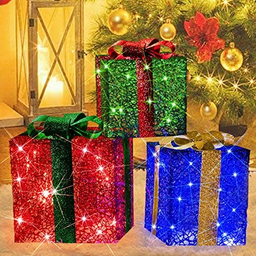 Christmas Lighted Present Boxes Decorations, Plug-in Warm White 70 LED Light Up Gift Boxes Outdoor Indoor for Xmas Tree Yard Home Holiday