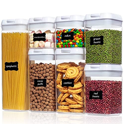 Vtopmart Airtight Food Storage Containers, 7 Pieces BPA Free Plastic Cereal Organizer Canisters with Easy Lock Lids, for Kitchen Pantry Organization, 24 Labels, White