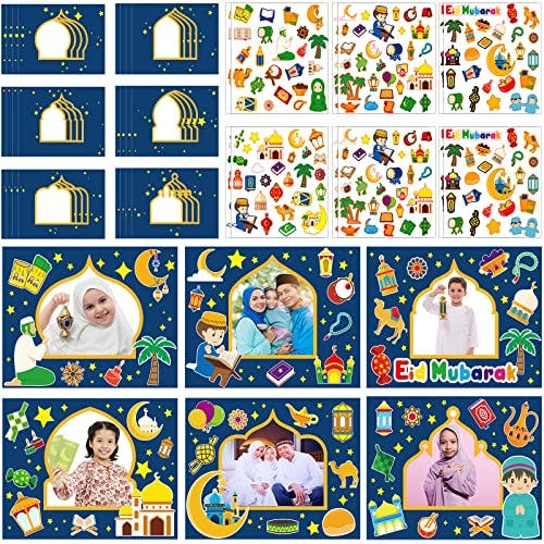 Funrous 24pack Ramadan Craft Kit for Kids Eid Mubarak DIY Picture Frame with 720pcs Mosque Scene Stickers for Eid Al Adha Decorations Kids Eid Toys Ramadan Party Class Activities Games(Blue)