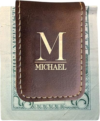 Personalized Engraved Money Clip with Magnetic Closure, Custom Engraved Minimalist Leather For Him (Rustic & Gold)