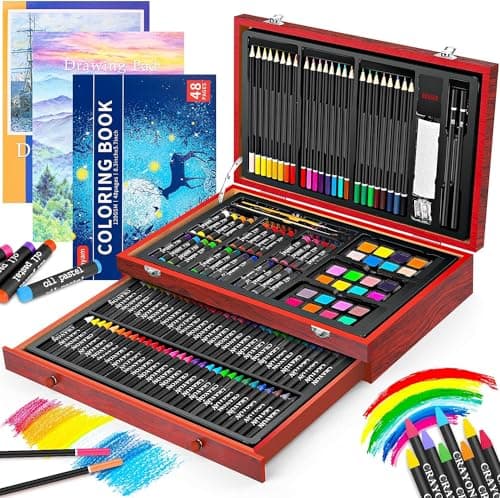 iBayam Art Supplies, 150-Pack Deluxe Wooden Art Set Crafts Drawing Painting Kit with 2 -Sketch Pads, 1-Coloring Book, Gift Box for Kids Adults Artist Beginners Teens Girls Boys 5 6 7 8 9 10 11 12