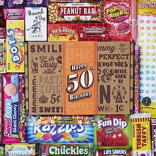 VINTAGE CANDY CO. 50th BIRTHDAY RETRO CANDY GIFT BASKET - 1974 Party Assortment Candy Variety - Unique Fun Care Package Gift Basket - Fiftieth Birthday - PERFECT For Women and Men Turning 50 Years Old