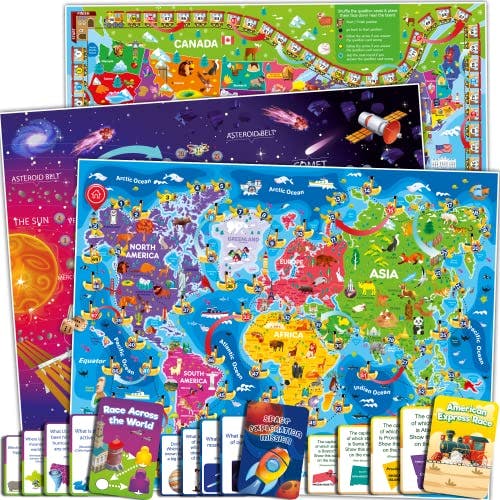 QUOKKA 3X Set Learning Board Games for Kids 6-8 - Educational Trivia Cards Ages 8-12 | Travel United States | World Map | Explore Outer Space | - Gift for Children and Teens 4-8 - Floor Puzzles