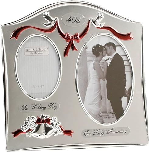 Giftbrit Traditional Two Tone Silver Plated 40th Ruby Anniversary Double Picture Photo Frame