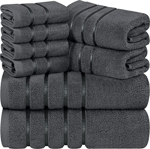 Utopia Towels 8-Piece Luxury Towel Set, 2 Bath Towels, 2 Hand Towels, and 4 Wash Cloths, 600 GSM Ring Spun Cotton Highly Absorbent Viscose Stripe Towels Ideal for Everyday use (Grey)
