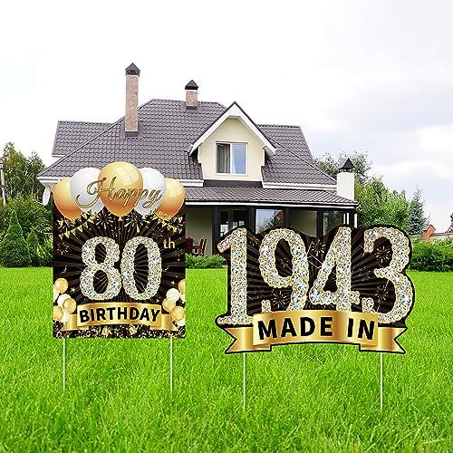 2Pcs 80th Birthday Yard Sign Decorations - Happy 80th Birthday Yard Sign & Made in 1943 Lawn Sign, Funny Black Gold Yard Signs with Stakes for Grandma & Grandpa, Outdoor Backyard Party Decor