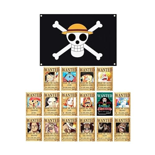 XIANMANDU One Piece Wanted Posters New Edition 12 in x 8.3 in 35Pcs Straw Hat Pirates Crew Luffy 1.5 Billion Collection Birthday Gifts (16 Big Pirate Flag)