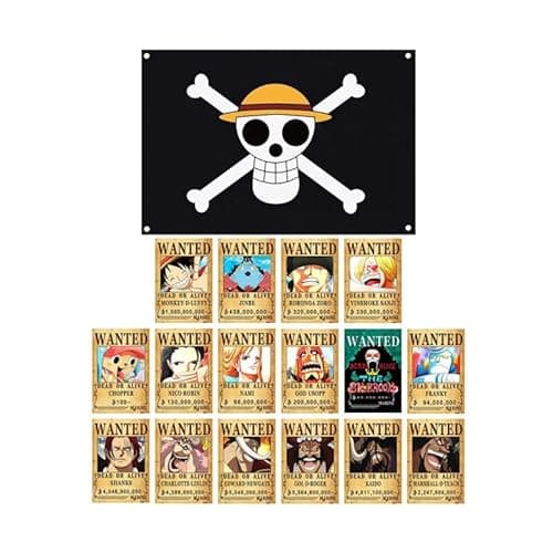 XIANMANDU One Piece Wanted Posters New Edition 12 in x 8.3 in 35Pcs Straw Hat Pirates Crew Luffy 1.5 Billion Collection Birthday Gifts (16 Big Pirate Flag)