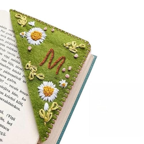 MOTEERLLU Personalized Hand Embroidered Corner Bookmark,Felt Triangle Page Stitched Handmade Bookmark,Unique Cute Flower Letter Embroidery Bookmarks Accessories for Book Lovers