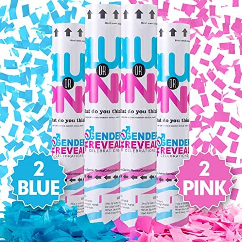 Tamsan Premium Gender Reveal Confetti Cannon, Set of 4 Mixed (2 Blue 2 Pink) Gender Reveal Confetti Cannon Popper, for Gender Reveal Decorations and Baby Gender Reveal Party Supplies, Pink&blue