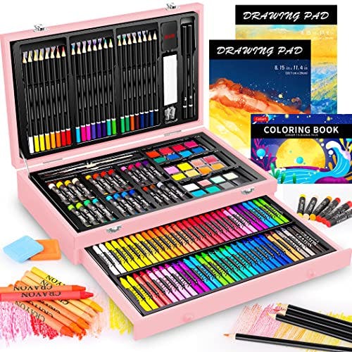 Caliart Art Supplies, Aesthetic Cute Preppy Stuff School Supplies, 153-Pack Deluxe Wooden Art Set Crafts Drawing Painting Coloring Supplies Kit with 2 A4 Sketch Pads, Mothers Day Gift for Mom