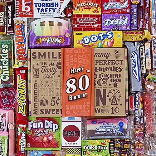 Vintage Candy Co. 80th Birthday Retro Candy Gift Basket - 1944 Party Assortment - Unique Milestone Care Package for Women and Men Turning 80 Years Old
