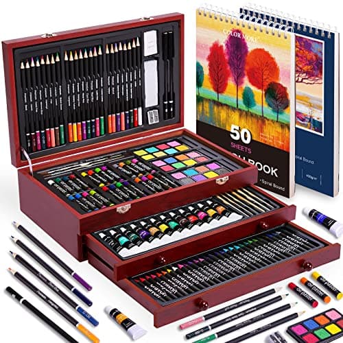 175 Piece Deluxe Art Set with 2 Drawing Pads, Acrylic Paints, Crayons, Colored Pencils Set in Wooden Case, Professional Art Kit, for Adults, Teens and Artist, Paint Supplies