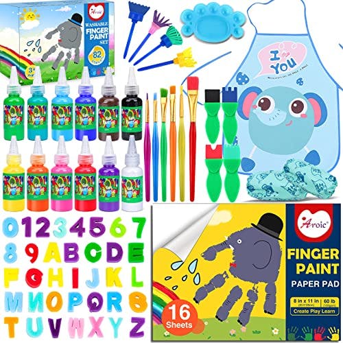 AROIC Washable Finger Paint set, 82 Pack Washable Kids Paint Set with 12 Color Finger Paints, Sponges, Paint Brushes, Waterproof Paint Apron, Palette Paper for Toddler, Drawing Gifts Age 3+