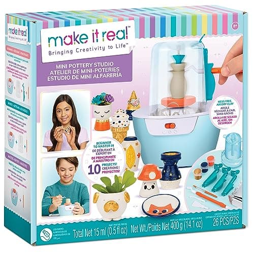 Make It Real Mini Pottery Studio - 26-Piece DIY Pottery Kit with Mess-Free Air Dry Clay - Create 10 Miniature Projects, Beginner to Master Levels - Innovative Centering Tool - Great for Kids Ages 8